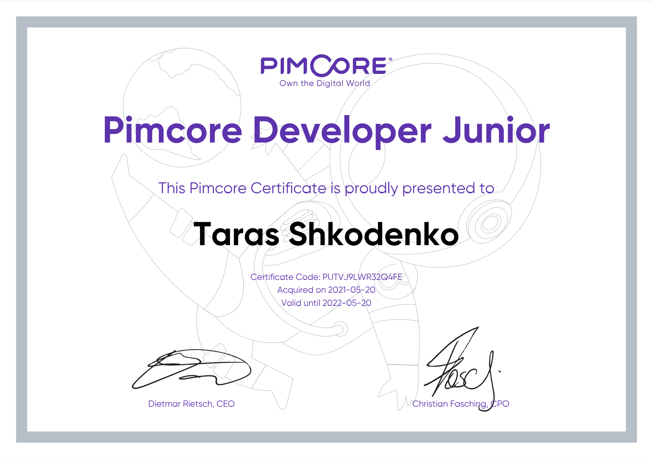 Pimcore Developer Junior Certificate Taras Shkodenko